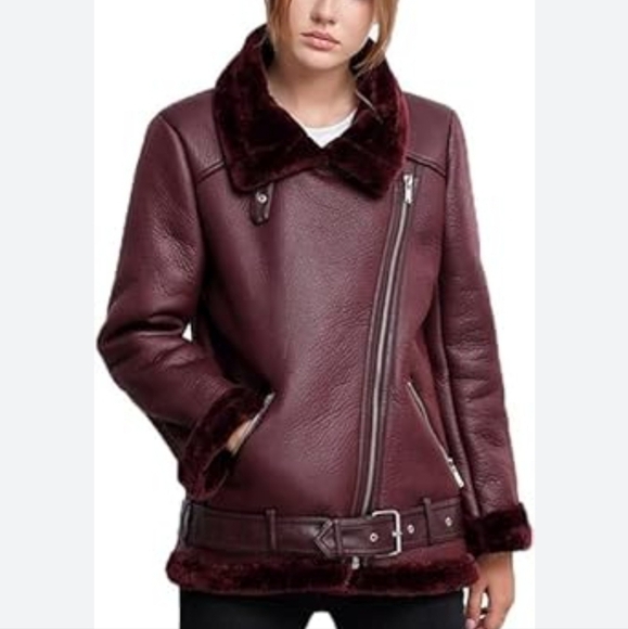 Faux fur faux leather moto jacket. Sz med. Purple. - Picture 1 of 8